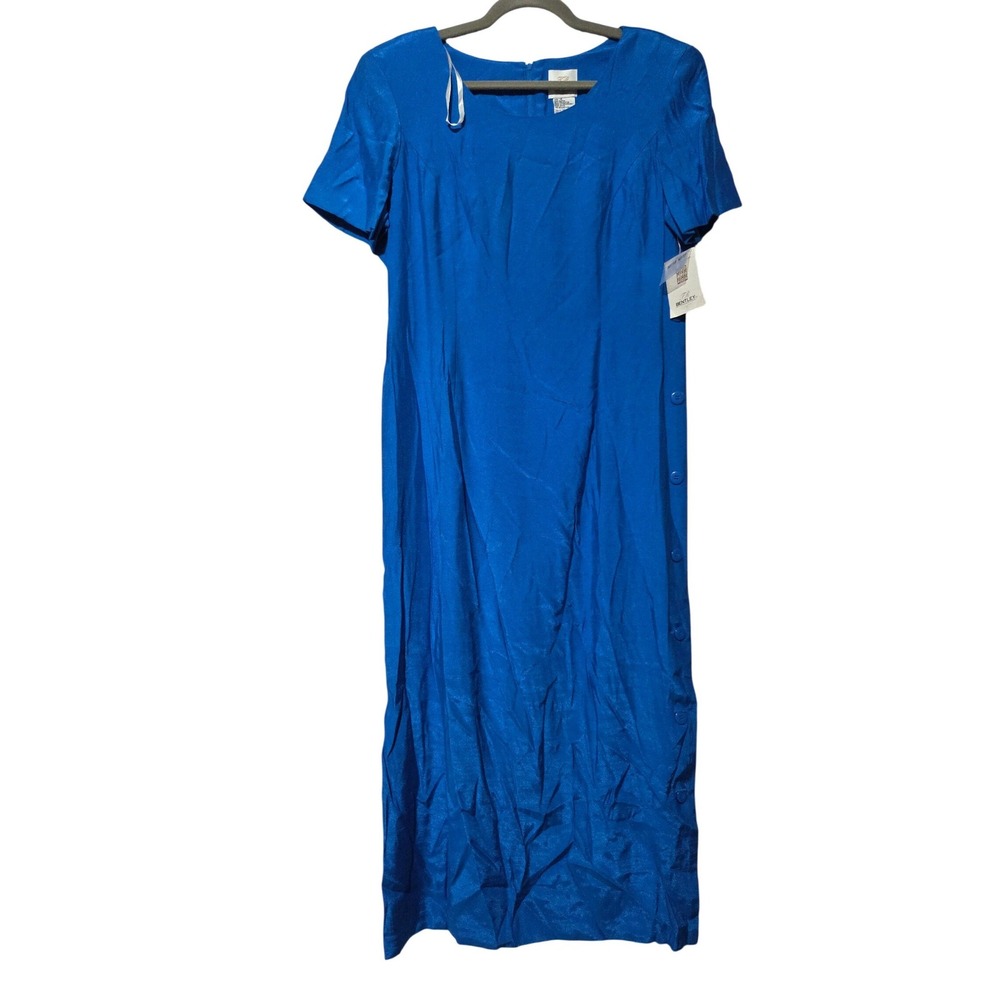 Bentley Royal Blue Sheath‎ Midi Dress Size 14 Button Side Vintage Prairie